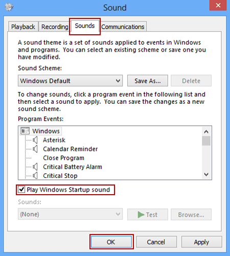 choose Play windows startup sound