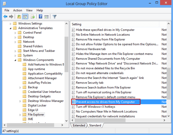 open prevent access to drives from my computer setting