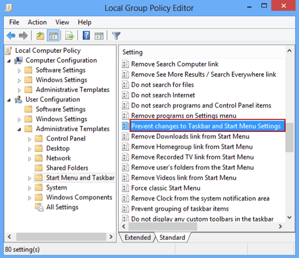 Prevent changes to taskbar and start menu settings in windows 8