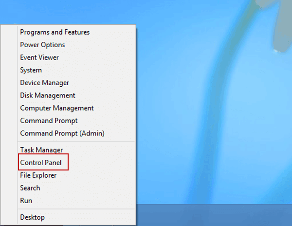 choose control panel in quick access menu