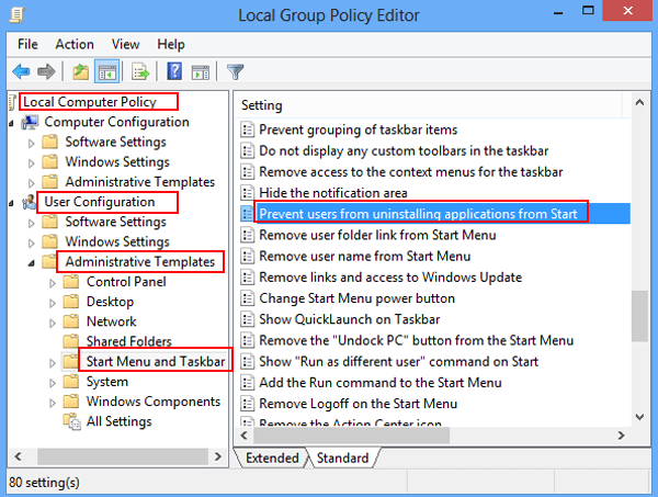 locate prevent users from uninstalling applications from start