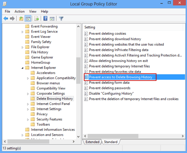 find Prevent access to delet browsing history