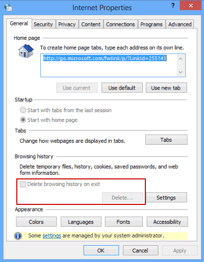 setting to delete browsing history disabled