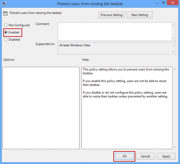 enable the prevent users from resizing the taskbar setting
