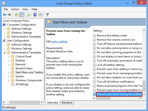 locate prevent users from resizing the taskbar