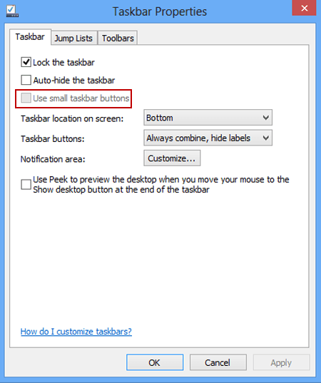 non-editable use small taskbar buttons setting