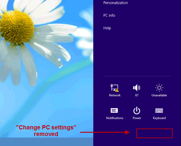 change PC settings removed from settings charm