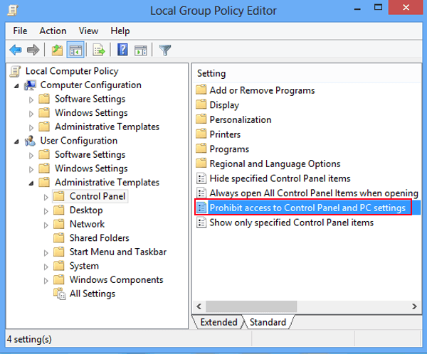 double click prohibit access to control panel