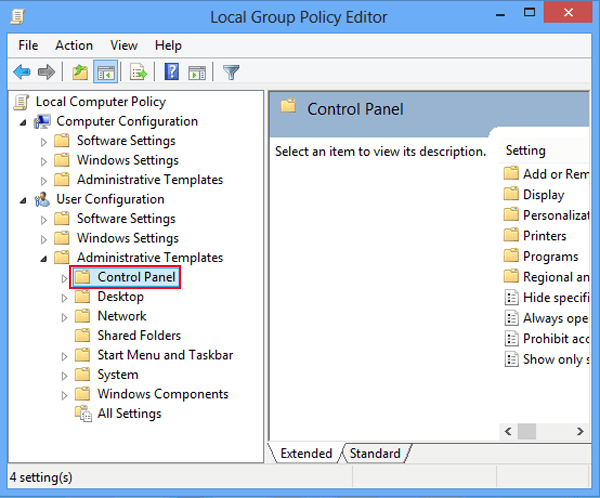 open Control Panel in user configuration