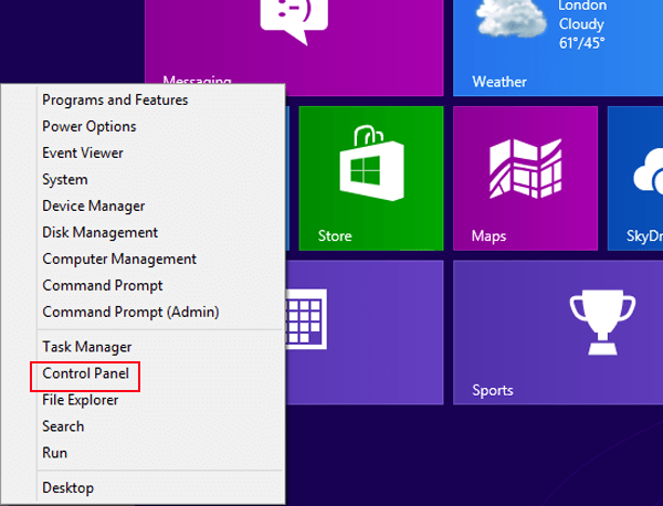 select control panel in quick access menu