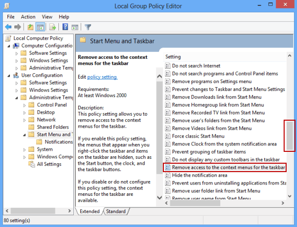 double tap Remove access to the context menu for the taskbar