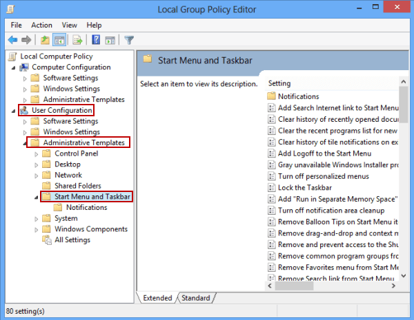 open Start menu and taskbar folder