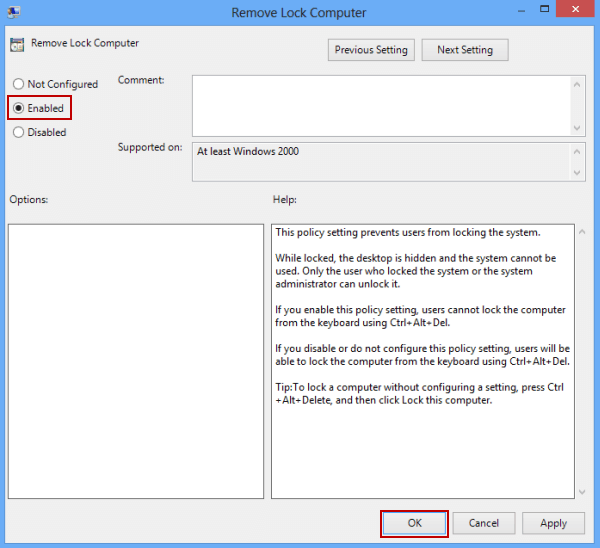 Enable Remove lock computer setting