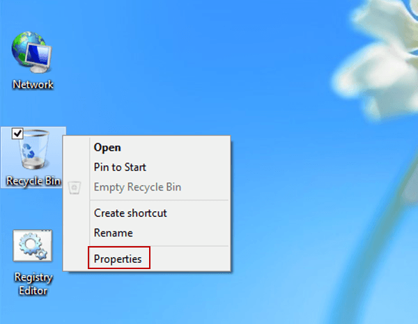 propertes shown on recycle bin context menu