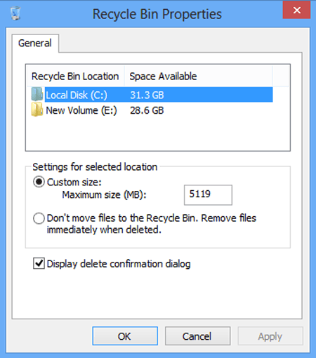 recycle bin properties window