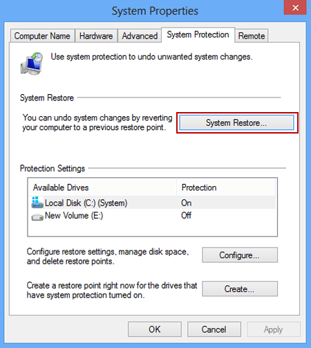 click system restore button