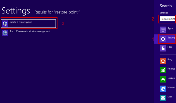 go to restore point settings by search