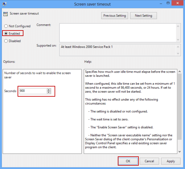 enable the setting and set number of seconds