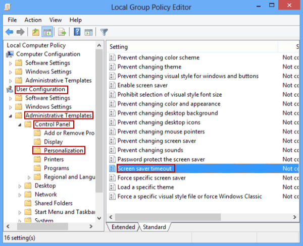 find screen saver timeout setting
