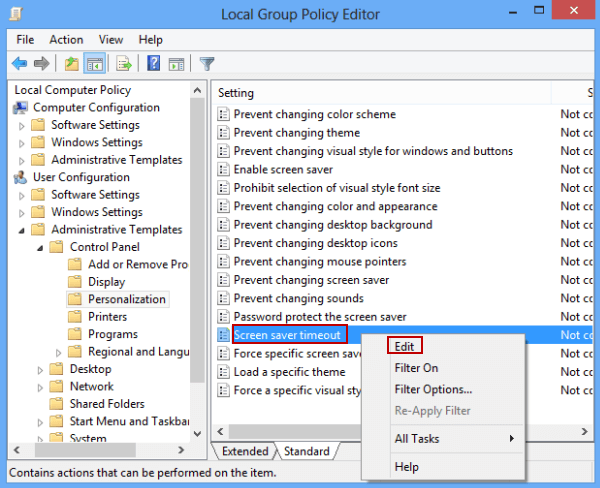 right click screen saver timeout and choose edit