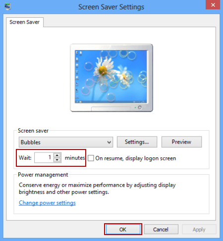 set timeout in screen saver settings window