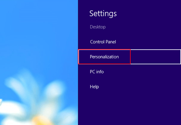 choose personalization in settings panel