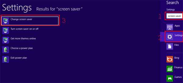 open screen saver settings through search