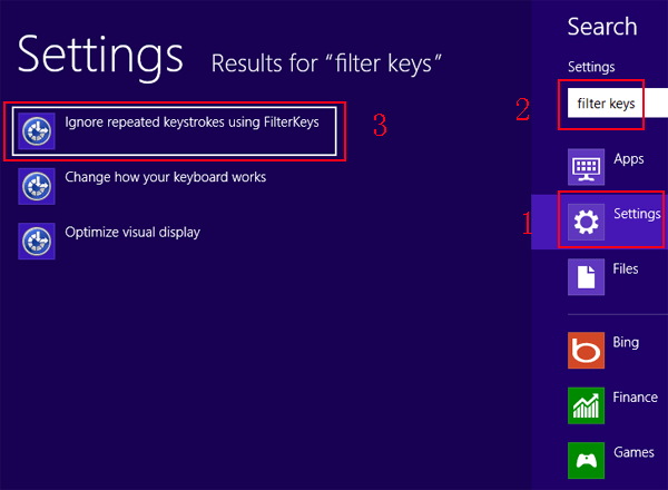 find and choose ignore repeated keystrokes using filter keys