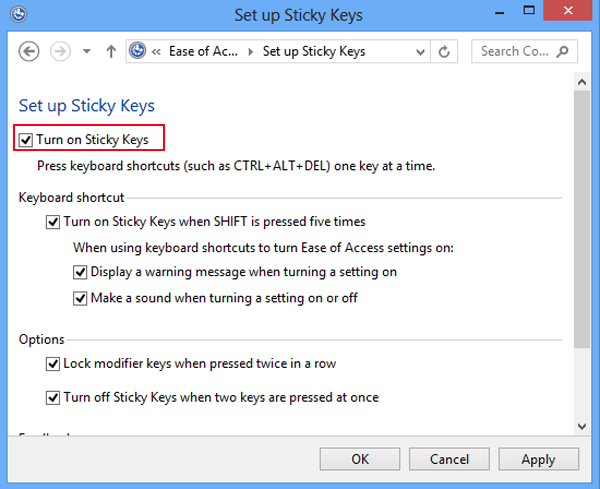 check turn on sticky keys