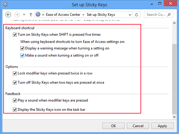 other settings of sticky keys