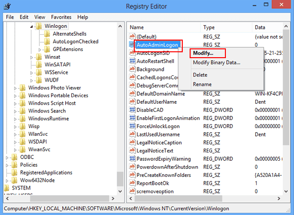 right click autoadminlogon and choose modify