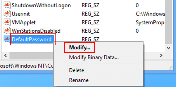 right click defaultpassword and tap modify