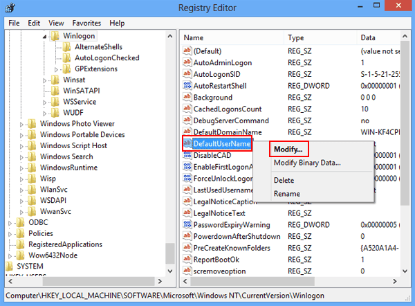 right click defaultusername and select modify