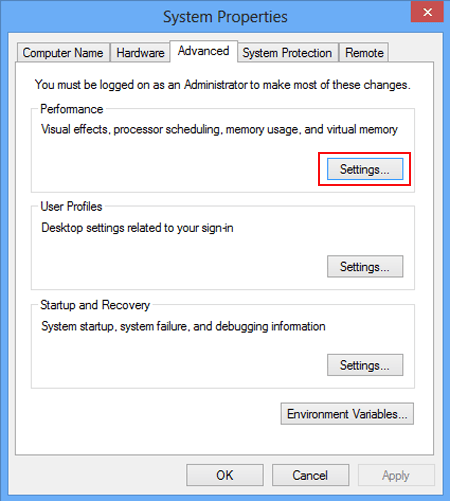 select settings in performance