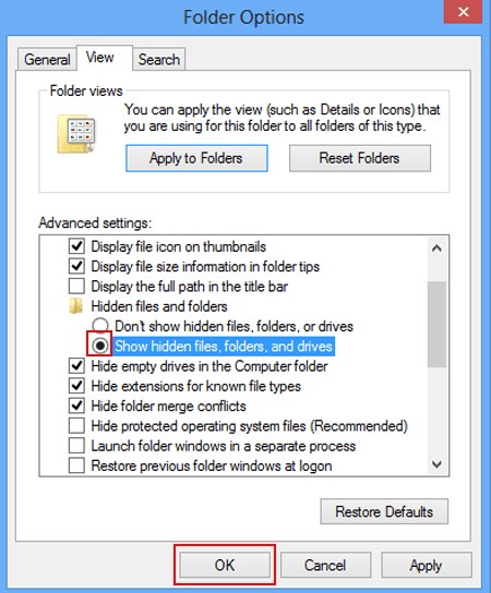 choose show hidden files folders and drives and tap ok