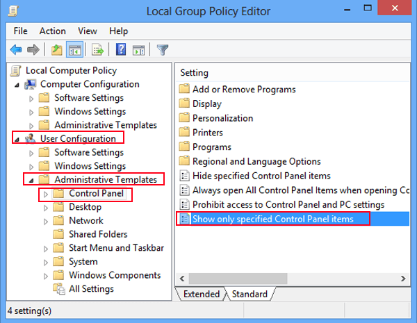 find and double click show only specified control panel items