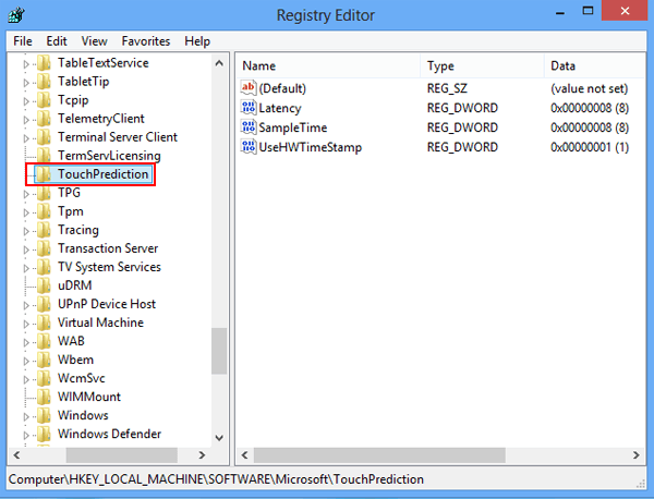 find touch prediction in registry editor