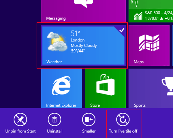 right tap a tile and select turn live tile off