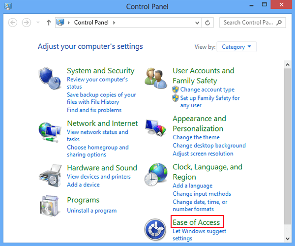 choose ease of access in control panel