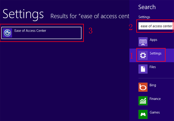 find and open ease of access center by searching
