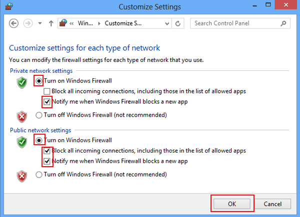 choose turn on windows firewall and click ok