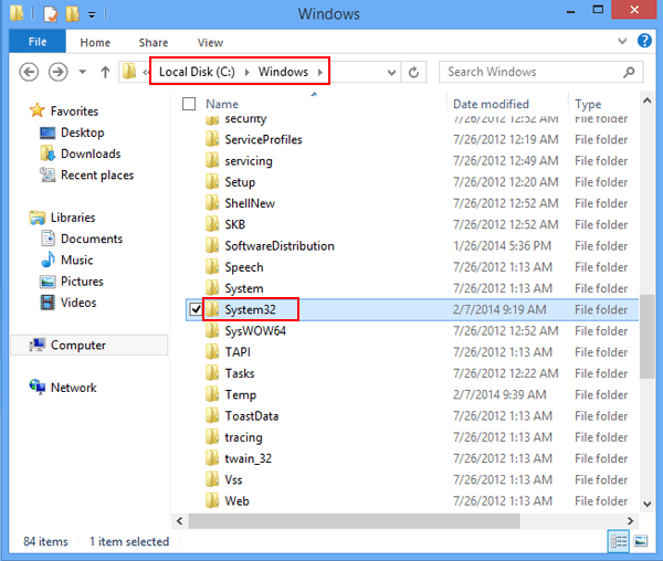 find and open system 32 folder