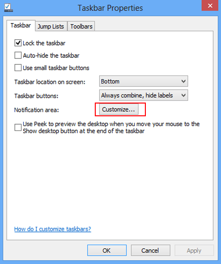 select customize in taskbar