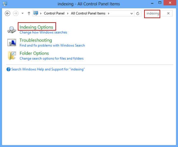 find indexing options in control panel