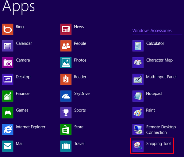 find snipping tool in apps interface