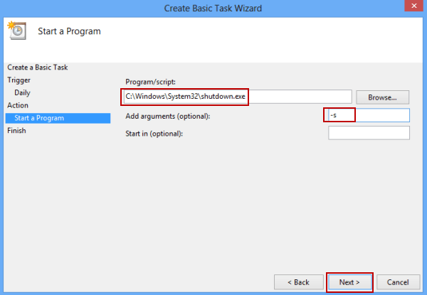 input shutdown program info and argument