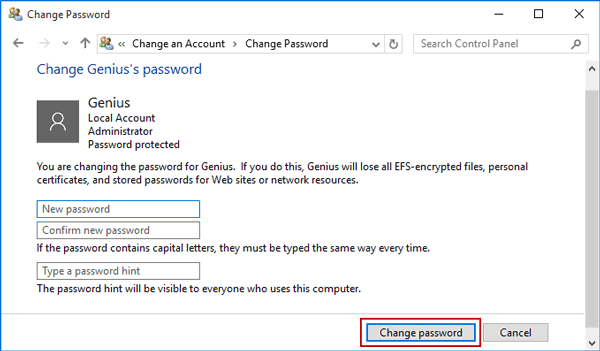 remove another user's password in control panel