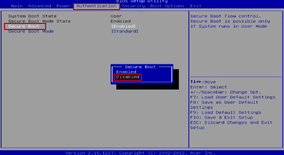 disable secure boot in acer authentication tab