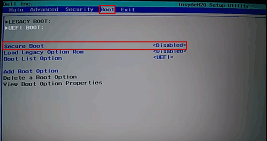 disable secure boot in dell boot tab