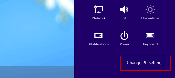 choose change PC settings in windows 8